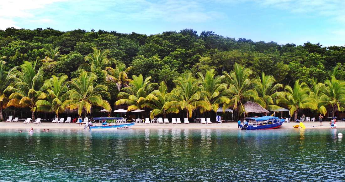 Beach Panama A beautiful palm tree lined beach is surrounded by lush green jungle