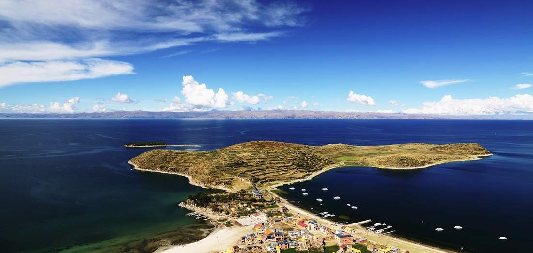 Lake Titicaca Peru A birds eye view of an Incan island jutting out from mainland