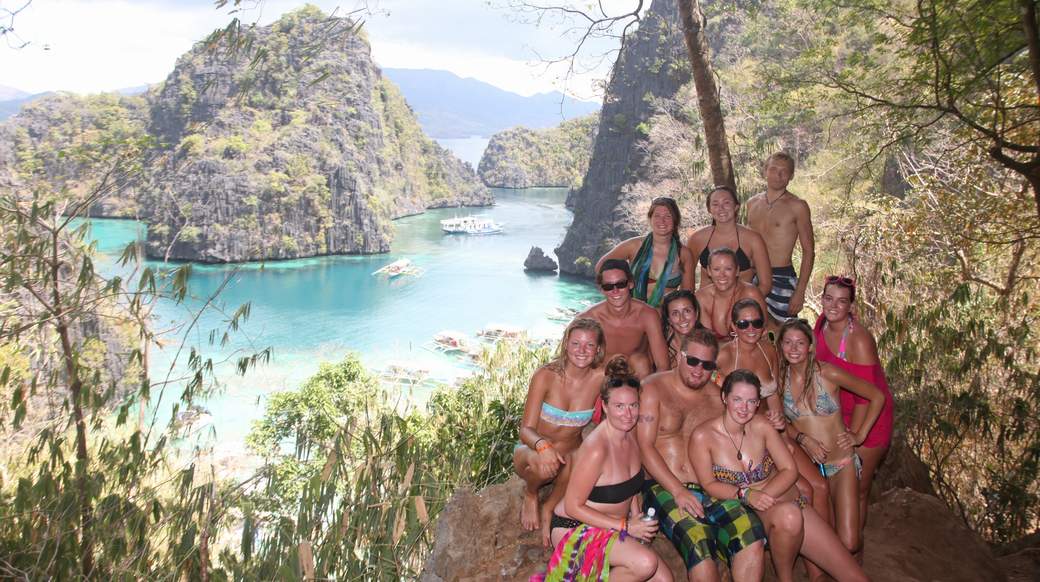Palawan viewpoint a group of travelers at a viewpoint in Palawan Philippines
