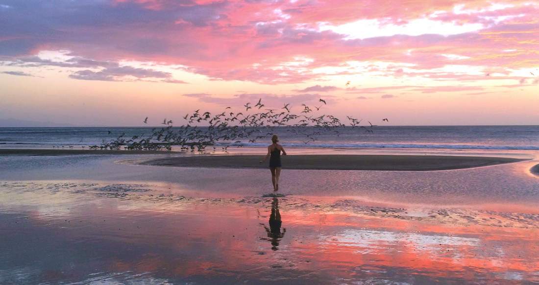 Sunset Nicaragua A girl chases a flock of birds on a beach as the sunsets creating a beautiful pink sky