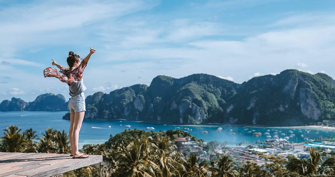Koh Phi Phi viewpoint a girl standing in front of an epic Koh Phi Phi viewpoint in Thailand