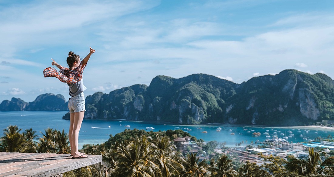 Koh Phi Phi viewpoint a girl standing in front of an epic Koh Phi Phi viewpoint in Thailand