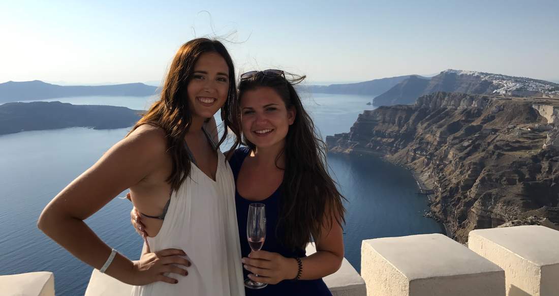 Santorini Wine Tasting two girls wine tasting in Santorini Greece