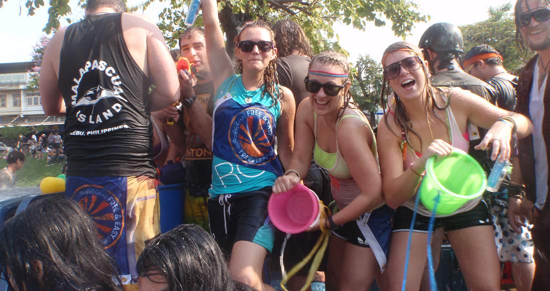 Songkran group Happy travelers celebrating Songkran