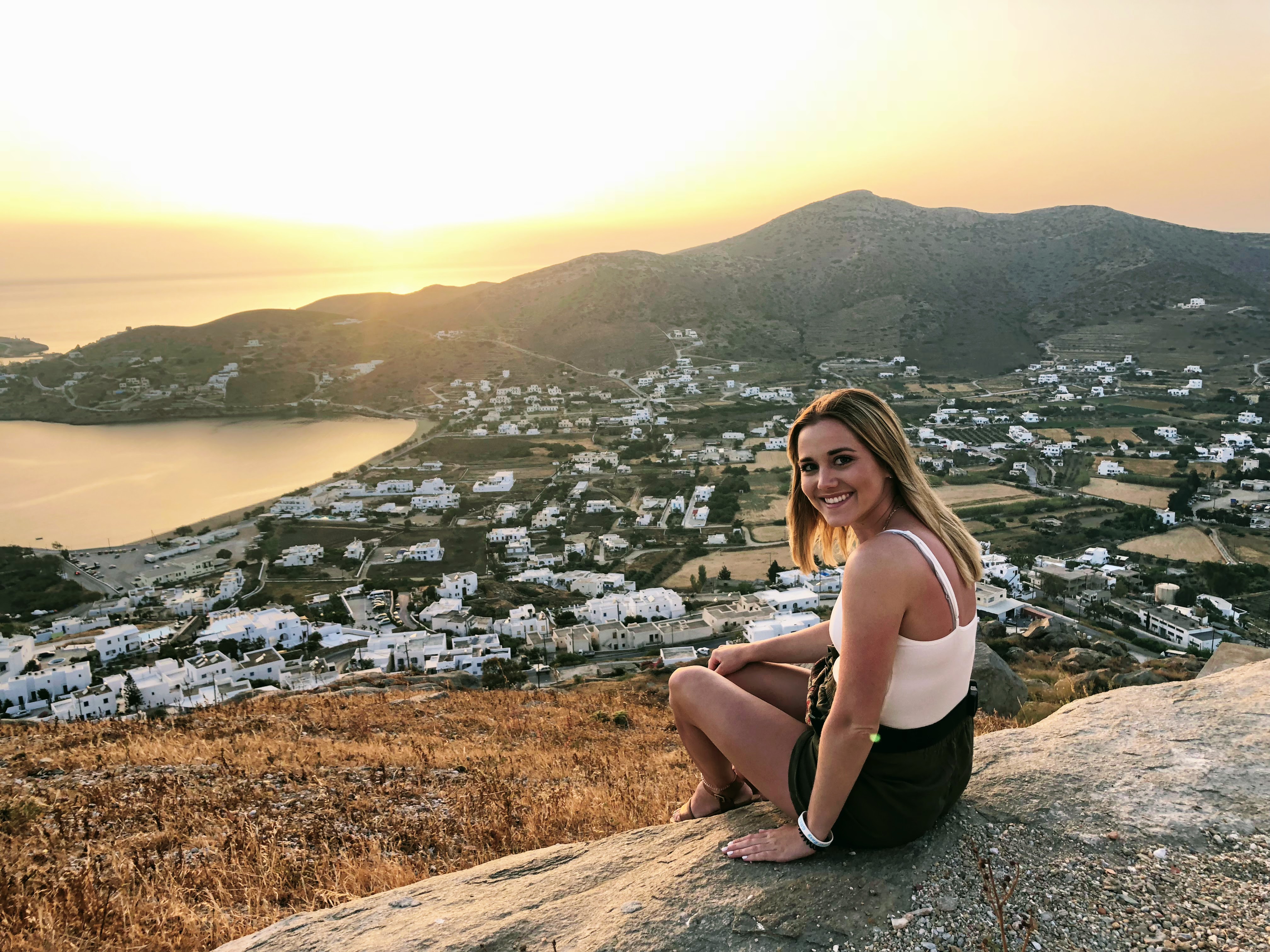 Sunset viewpoint over Greek island village