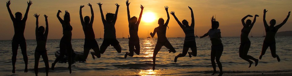 beach, jump, group, fun, sunset